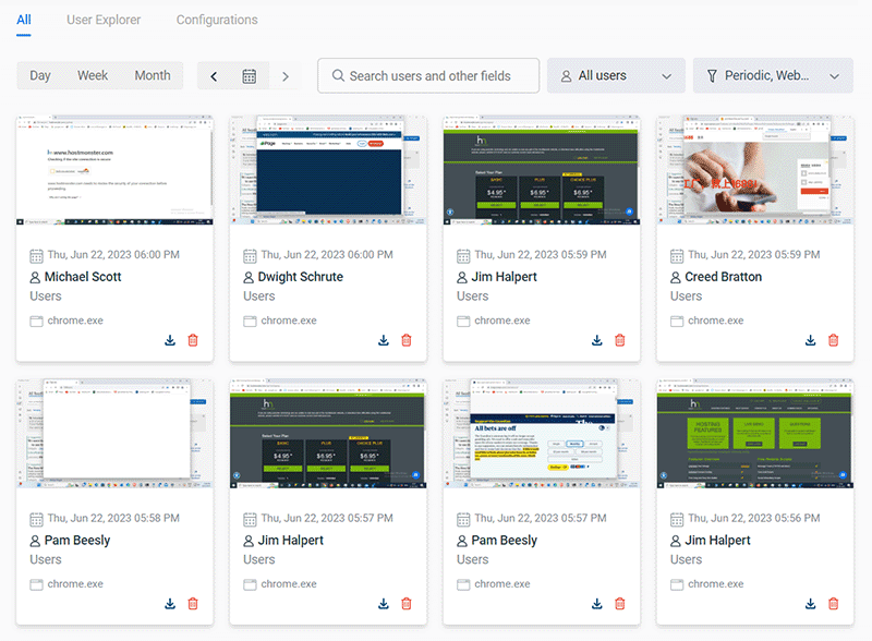 BrowseReporter Productivity Dashboard - Individual User BrowseReporter desktop screen capture grid with 6 screenshots