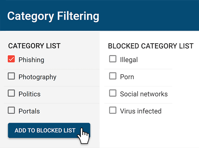 Screenshot of category filtering window from BrowseControl web filter. Porn and social media categories blocked.