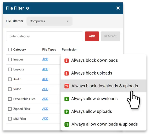 Download filter to block file uploads and downloads