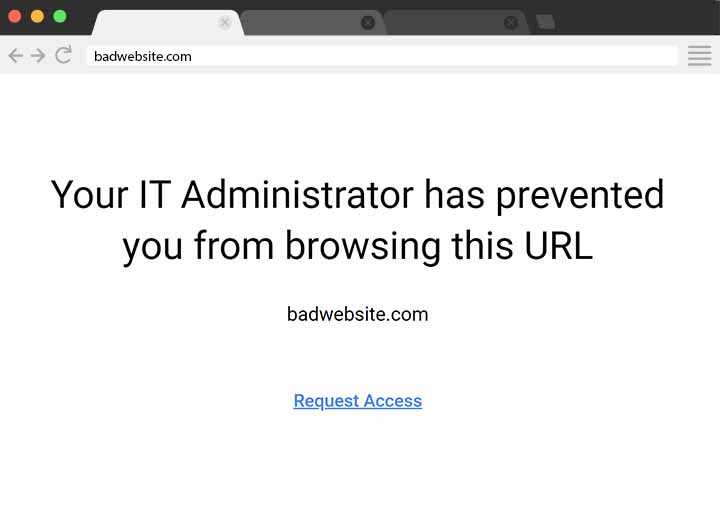 Blocked website warning message that says "Your IT administrator has prevented you from browsing this URL. Request access"