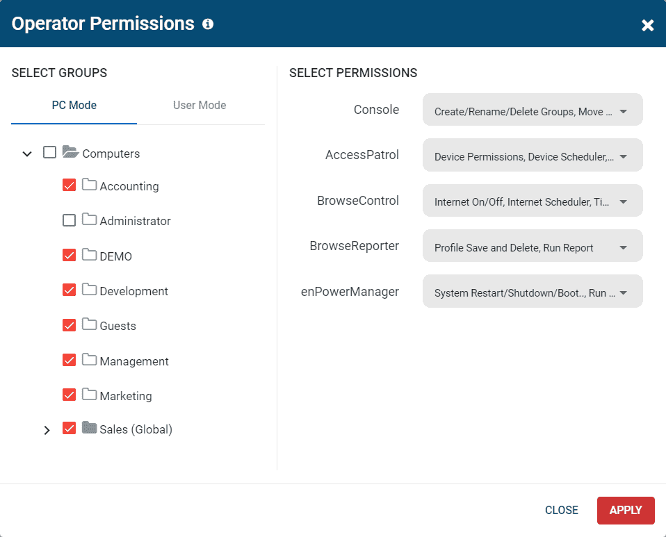 Screenshot of CurrentWare's operator permissions with limits on what the user can access in the console