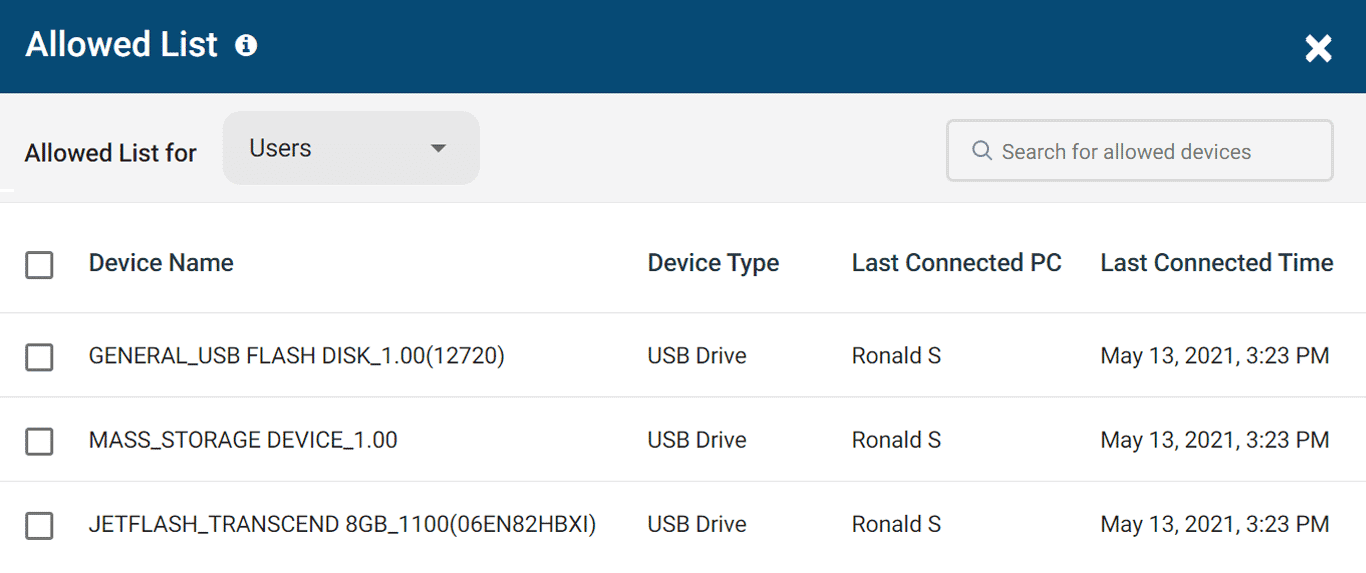 AP Allowed List Mockup Allowed USB devices list