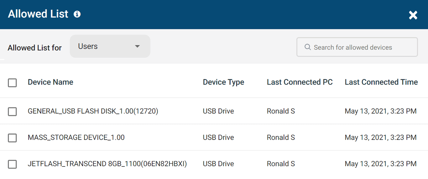 AP Allowed List Mockup Allowed USB devices list