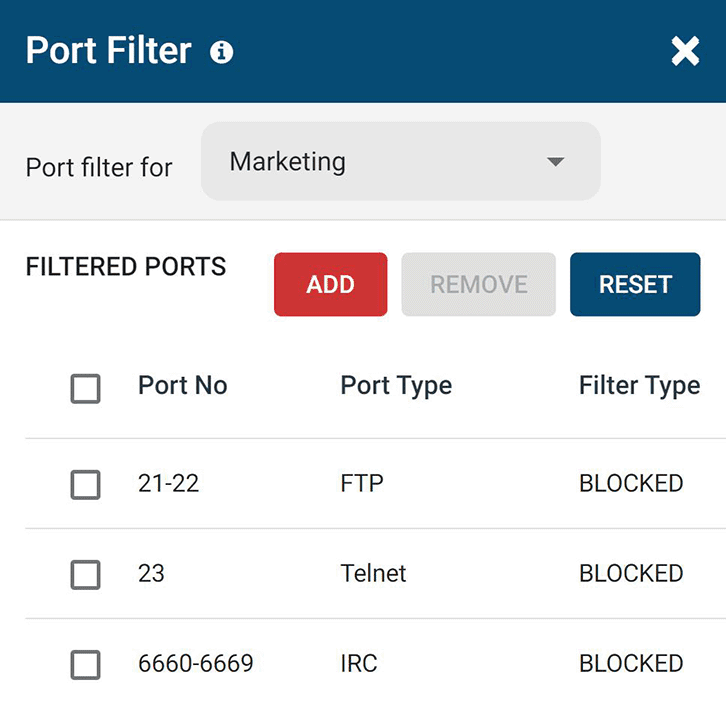 Screenshot of category filtering window from BrowseControl web filter. Porn and social media categories blocked.