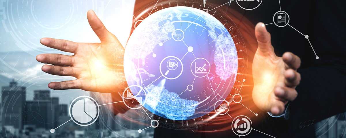 Model of earth sits between hands. Icons representing data surround them